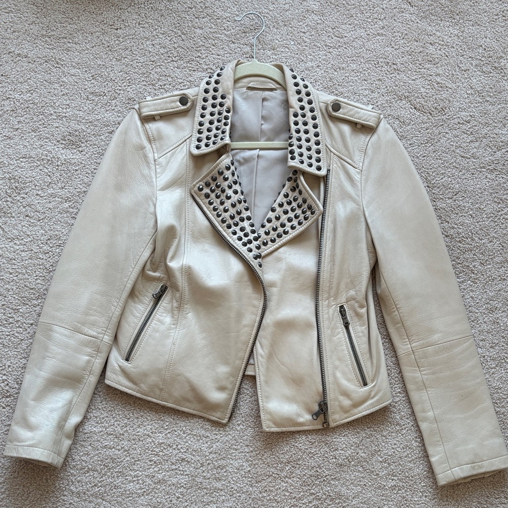 Studded Cream Lambskin Leather Jacket
